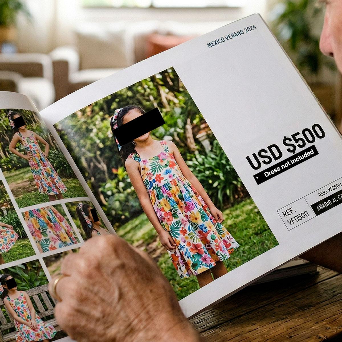 Fashion catalog showing a young girl with face redacted, priced at USD $500 — exposing the reality of child trafficking